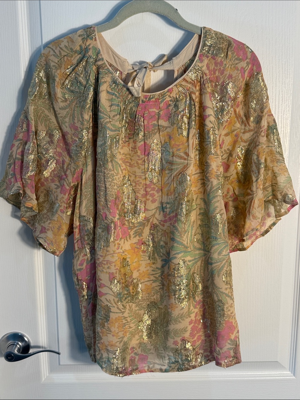 Loft Gorgeous Floral Metallic Accent Peasant Top - Pink & Gold NWT Sz XXL